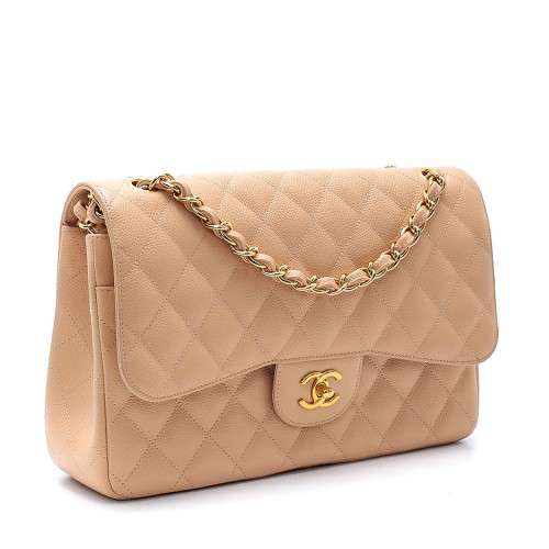 Chanel - Beige Quilted Caviar Leather Jumbo Double  Flap Bag
